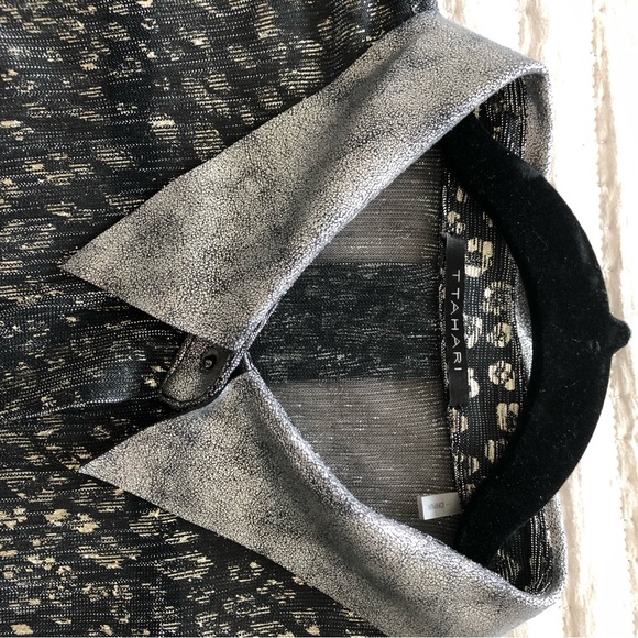 Gorgeous T Tahari sheer blouse with faux leather collar and cuffs. Sz L - Picture 2 of 9